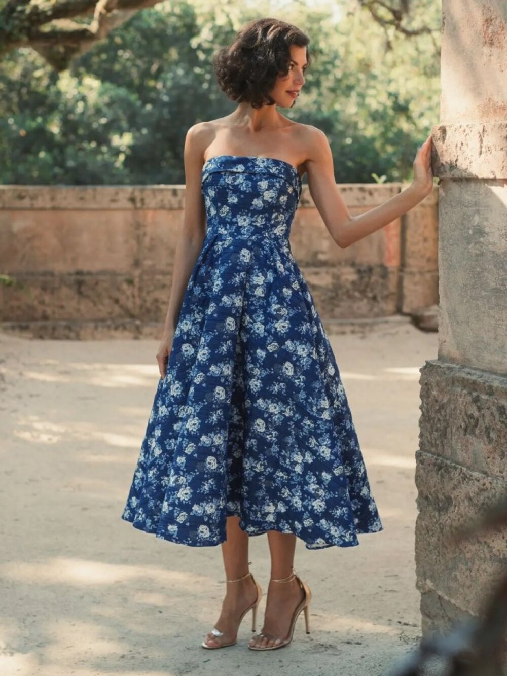Mac Duggal Strapless Floral Brocade Midi Dress in Blue Multi